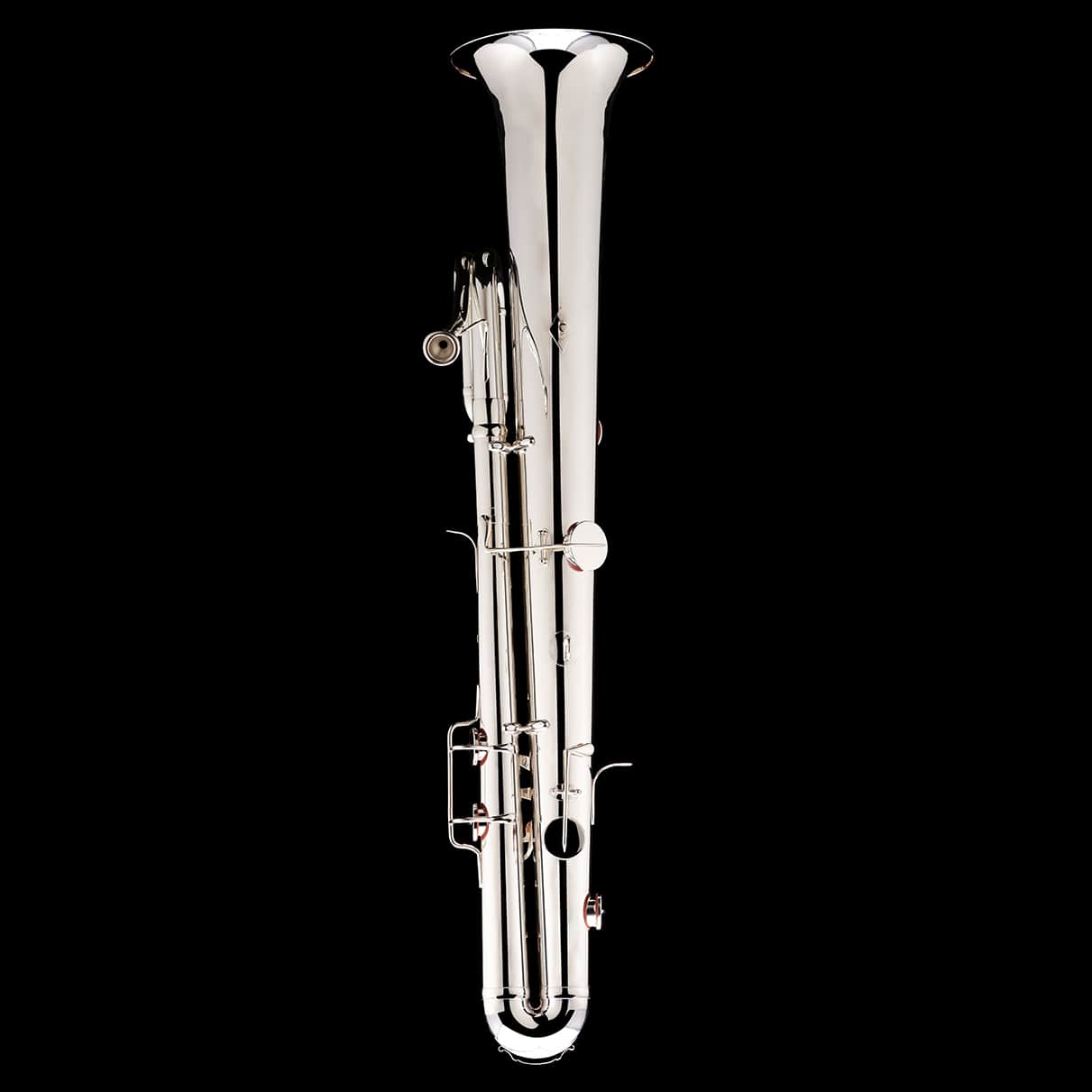 An image of the side of a Bb Ophicleide in silver from Wessex Tubas